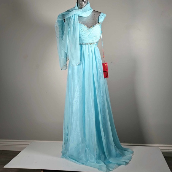 NWT May Queen | Aqua Sequin Cross-Front Gown & Shawl - sz 6. - Picture 1 of 9